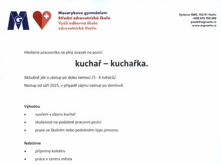 Nabídka pracovního místa – kuchař/ka